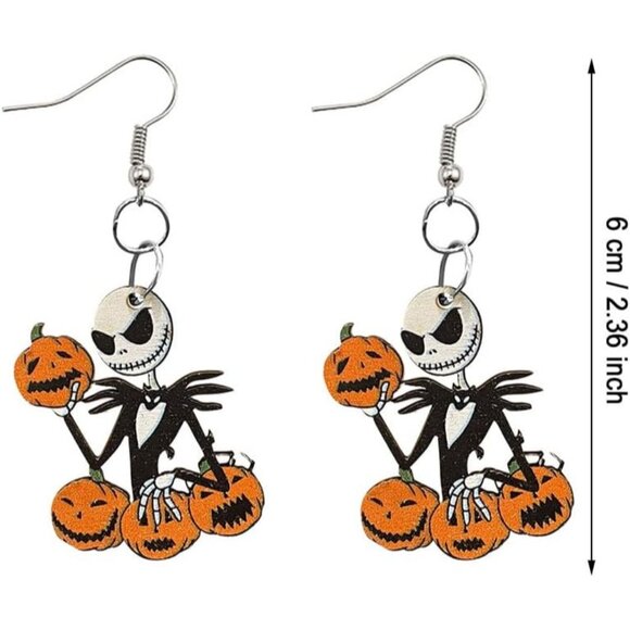 Women's Black&orange Cute Cartoon Halloween Theme Earrings Ghost Pumpkin Wooden - Picture 3 of 3